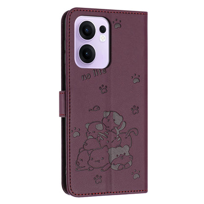 OPPO Reno13 F 4G Embossed Kitten PU Leather Wallet Case with Card Slots, Cash Pocket, Kickstand Function, Wrist Lanyard Strap, Full Protective TPU Flip Cover