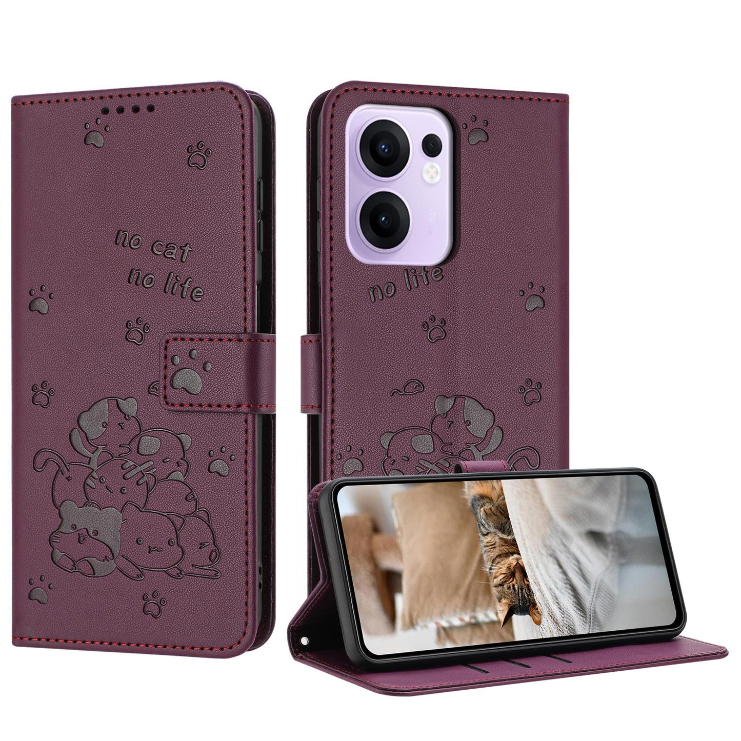 OPPO Reno13 F 4G Embossed Kitten PU Leather Wallet Case with Card Slots, Cash Pocket, Kickstand Function, Wrist Lanyard Strap, Full Protective TPU Flip Cover
