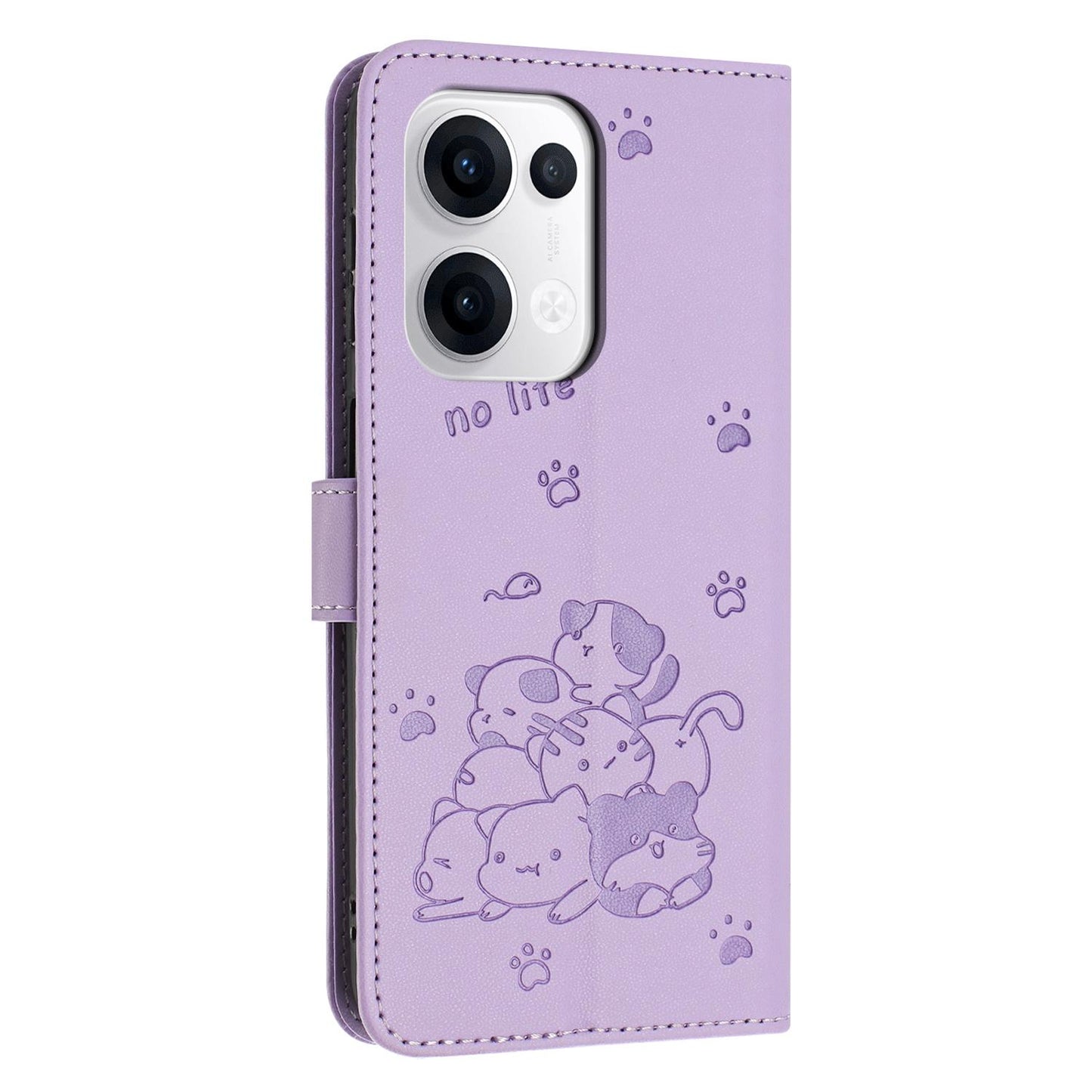 OPPO Reno13 5G Embossed Kitten PU Leather Wallet Case with Card Slots, Cash Pocket, Kickstand Function, Wrist Lanyard Strap, Full Protective TPU Flip Cover