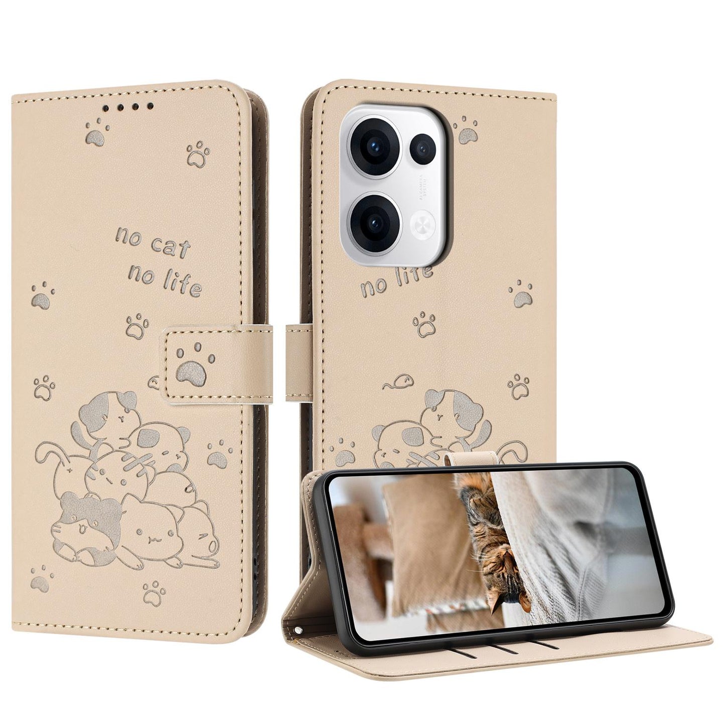 OPPO Reno13 5G Embossed Kitten PU Leather Wallet Case with Card Slots, Cash Pocket, Kickstand Function, Wrist Lanyard Strap, Full Protective TPU Flip Cover