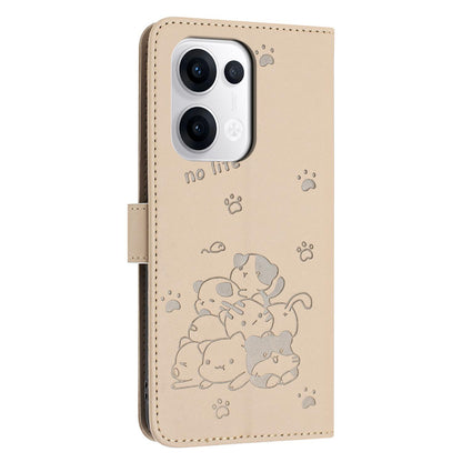 OPPO Reno13 5G Embossed Kitten PU Leather Wallet Case with Card Slots, Cash Pocket, Kickstand Function, Wrist Lanyard Strap, Full Protective TPU Flip Cover