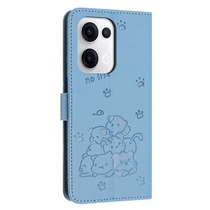 OPPO Reno13 5G Embossed Kitten PU Leather Wallet Case with Card Slots, Cash Pocket, Kickstand Function, Wrist Lanyard Strap, Full Protective TPU Flip Cover