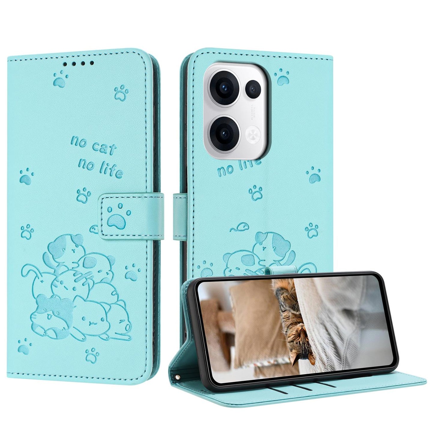 OPPO Reno13 5G Embossed Kitten PU Leather Wallet Case with Card Slots, Cash Pocket, Kickstand Function, Wrist Lanyard Strap, Full Protective TPU Flip Cover