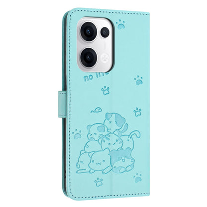 OPPO Reno13 5G Embossed Kitten PU Leather Wallet Case with Card Slots, Cash Pocket, Kickstand Function, Wrist Lanyard Strap, Full Protective TPU Flip Cover