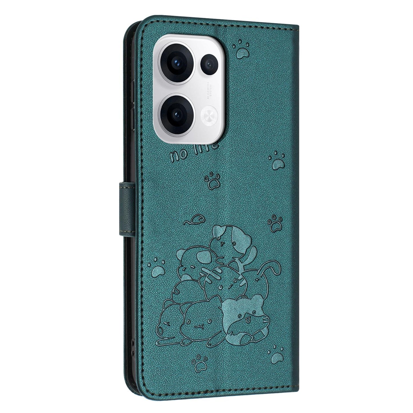 OPPO Reno13 5G Embossed Kitten PU Leather Wallet Case with Card Slots, Cash Pocket, Kickstand Function, Wrist Lanyard Strap, Full Protective TPU Flip Cover