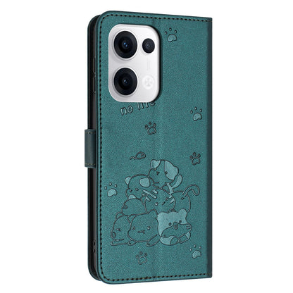 OPPO Reno13 5G Embossed Kitten PU Leather Wallet Case with Card Slots, Cash Pocket, Kickstand Function, Wrist Lanyard Strap, Full Protective TPU Flip Cover