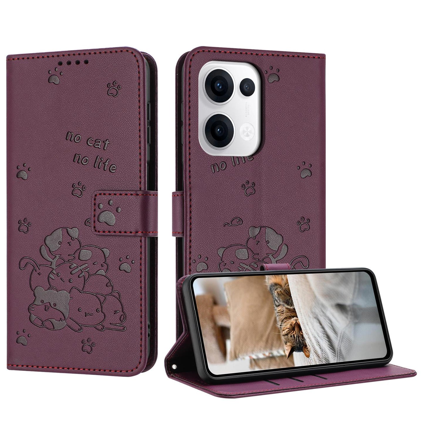 OPPO Reno13 5G Embossed Kitten PU Leather Wallet Case with Card Slots, Cash Pocket, Kickstand Function, Wrist Lanyard Strap, Full Protective TPU Flip Cover