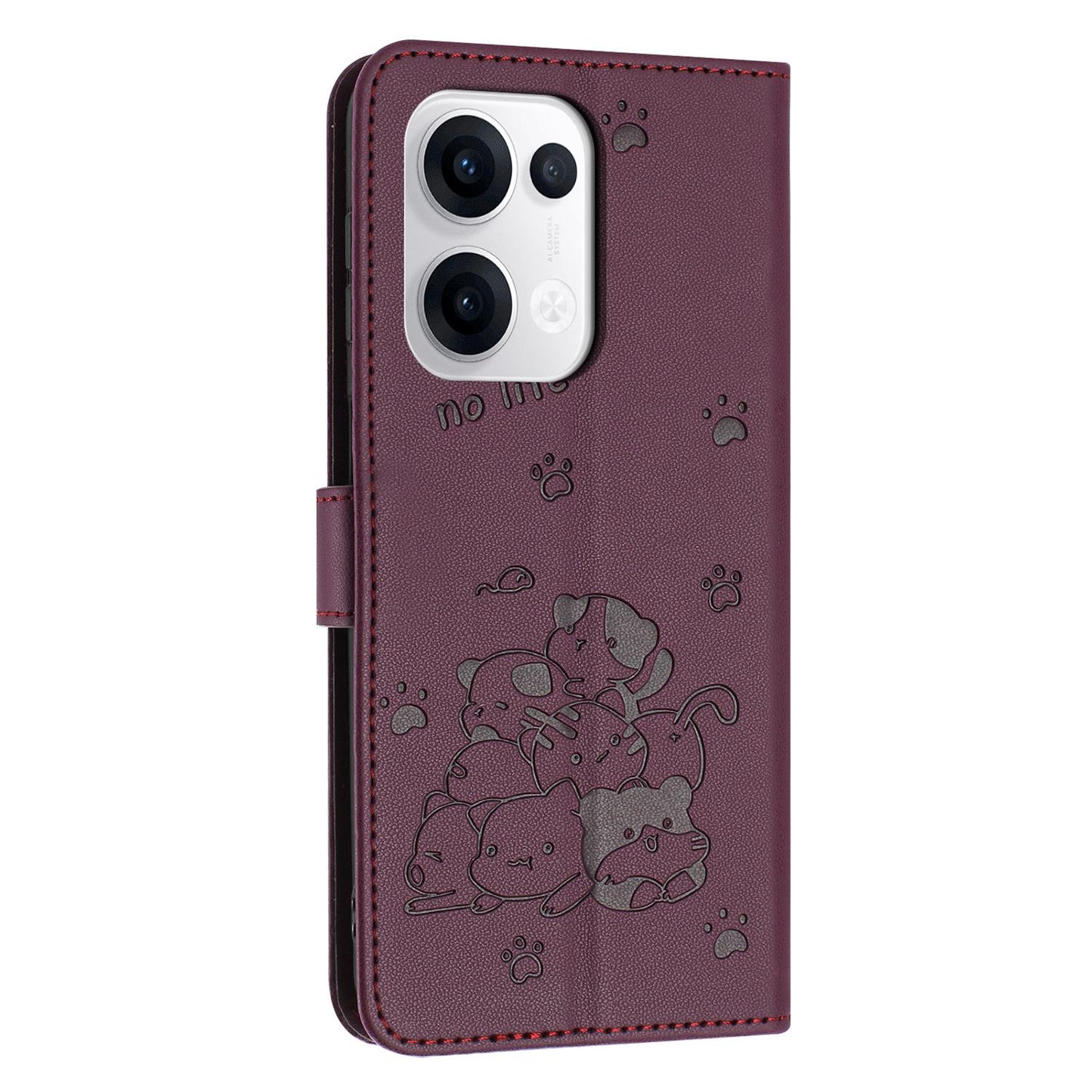 OPPO Reno13 5G Embossed Kitten PU Leather Wallet Case with Card Slots, Cash Pocket, Kickstand Function, Wrist Lanyard Strap, Full Protective TPU Flip Cover