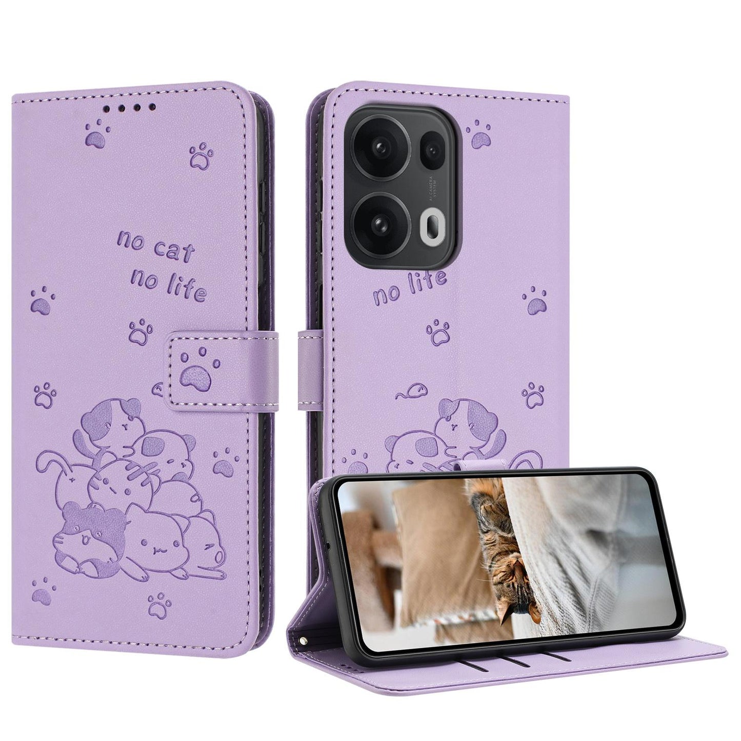 OPPO Reno13 Pro 5G Embossed Kitten PU Leather Wallet Case with Card Slots, Cash Pocket, Kickstand Function, Wrist Lanyard Strap, Full Protective TPU Flip Cover