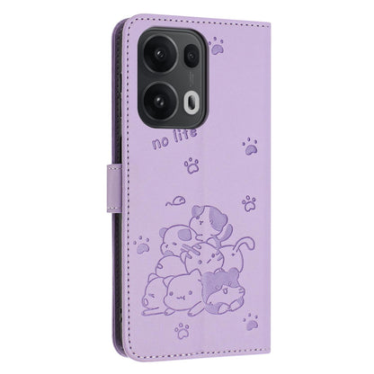 OPPO Reno13 Pro 5G Embossed Kitten PU Leather Wallet Case with Card Slots, Cash Pocket, Kickstand Function, Wrist Lanyard Strap, Full Protective TPU Flip Cover