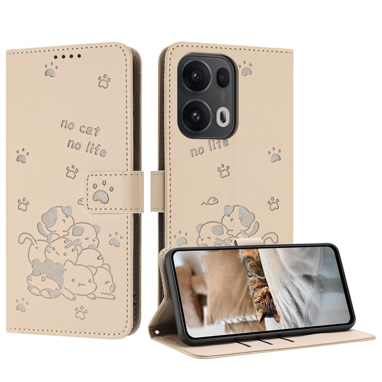 OPPO Reno13 Pro 5G Embossed Kitten PU Leather Wallet Case with Card Slots, Cash Pocket, Kickstand Function, Wrist Lanyard Strap, Full Protective TPU Flip Cover