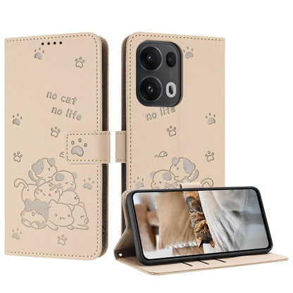 OPPO Reno13 Pro 5G Embossed Kitten PU Leather Wallet Case with Card Slots, Cash Pocket, Kickstand Function, Wrist Lanyard Strap, Full Protective TPU Flip Cover