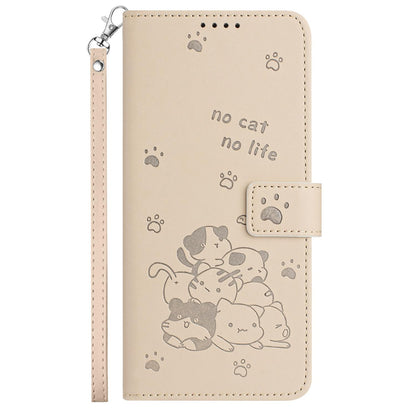 OPPO Reno13 Pro 5G Embossed Kitten PU Leather Wallet Case with Card Slots, Cash Pocket, Kickstand Function, Wrist Lanyard Strap, Full Protective TPU Flip Cover