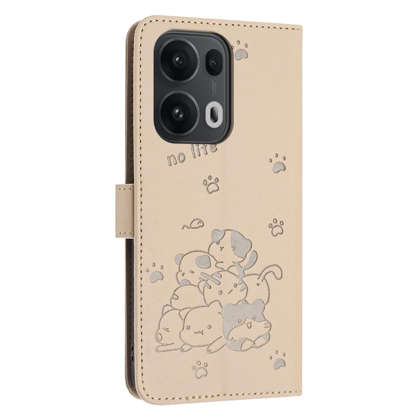 OPPO Reno13 Pro 5G Embossed Kitten PU Leather Wallet Case with Card Slots, Cash Pocket, Kickstand Function, Wrist Lanyard Strap, Full Protective TPU Flip Cover