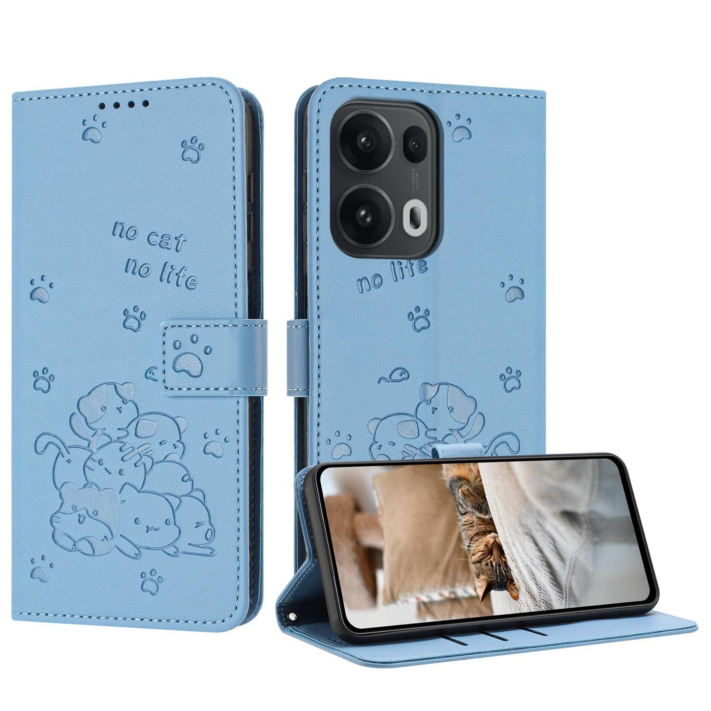 OPPO Reno13 Pro 5G Embossed Kitten PU Leather Wallet Case with Card Slots, Cash Pocket, Kickstand Function, Wrist Lanyard Strap, Full Protective TPU Flip Cover