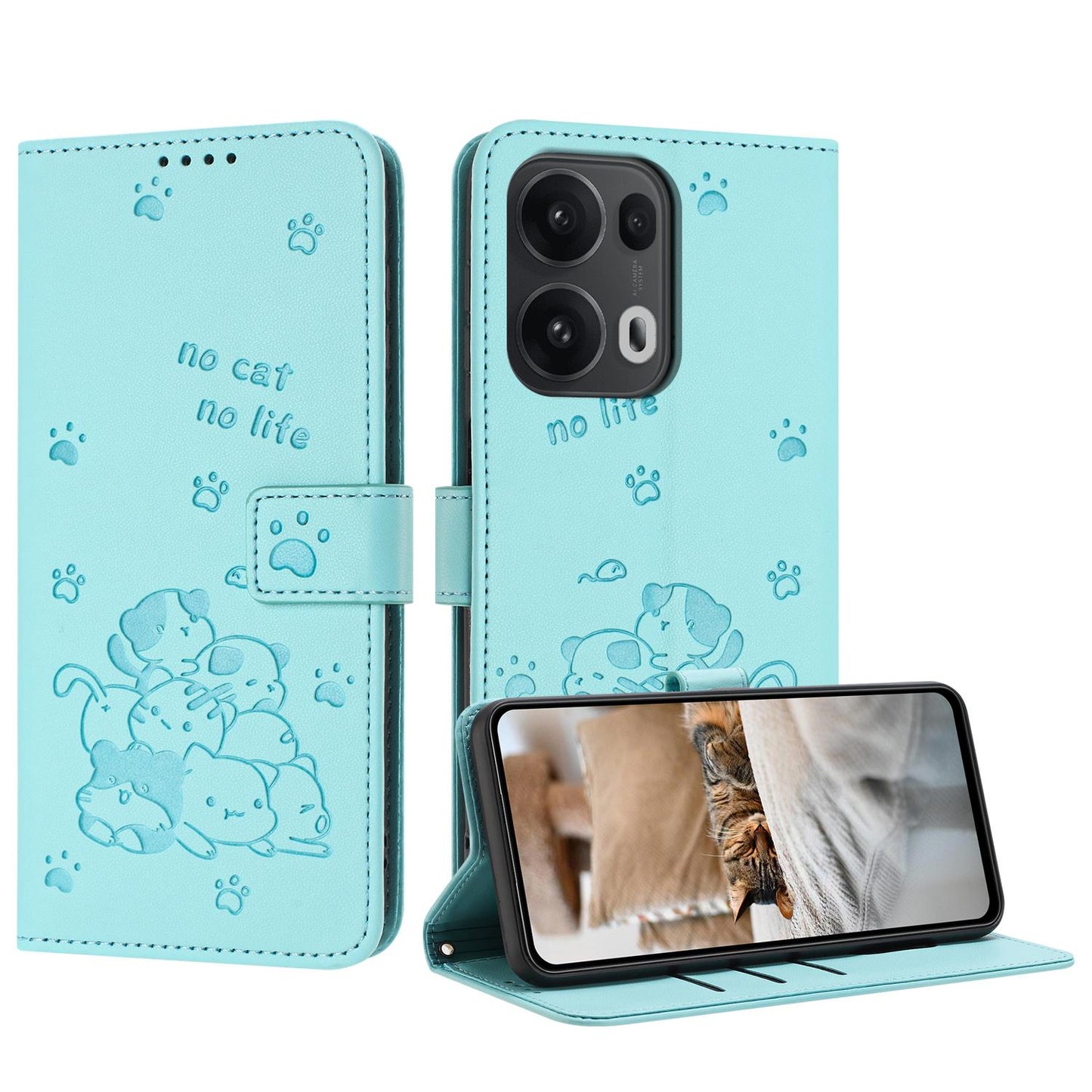 OPPO Reno13 Pro 5G Embossed Kitten PU Leather Wallet Case with Card Slots, Cash Pocket, Kickstand Function, Wrist Lanyard Strap, Full Protective TPU Flip Cover