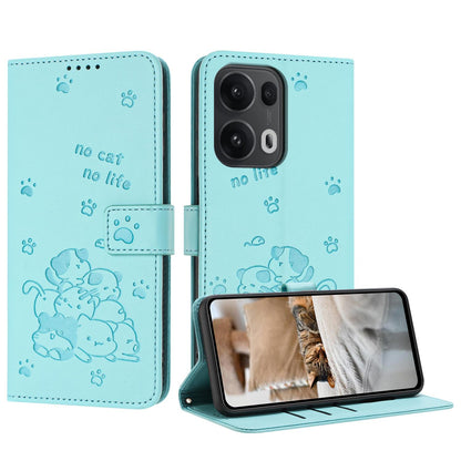 OPPO Reno13 Pro 5G Embossed Kitten PU Leather Wallet Case with Card Slots, Cash Pocket, Kickstand Function, Wrist Lanyard Strap, Full Protective TPU Flip Cover