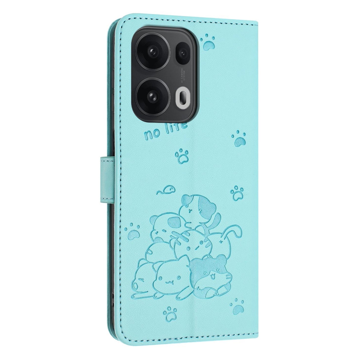 OPPO Reno13 Pro 5G Embossed Kitten PU Leather Wallet Case with Card Slots, Cash Pocket, Kickstand Function, Wrist Lanyard Strap, Full Protective TPU Flip Cover
