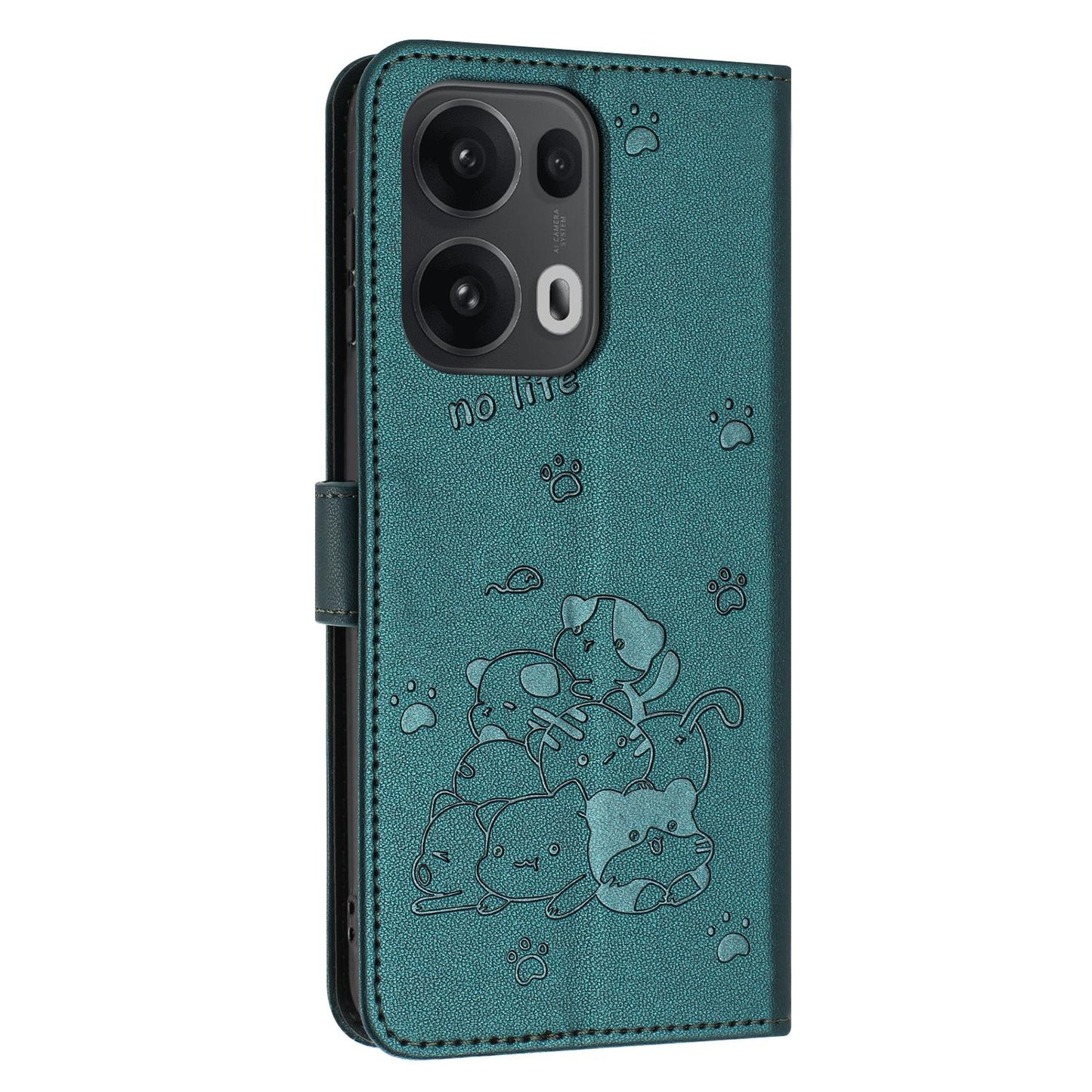 OPPO Reno13 Pro 5G Embossed Kitten PU Leather Wallet Case with Card Slots, Cash Pocket, Kickstand Function, Wrist Lanyard Strap, Full Protective TPU Flip Cover