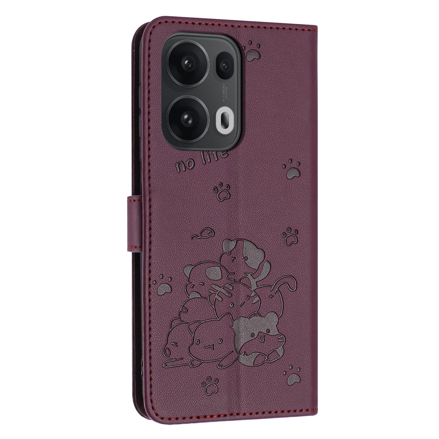 OPPO Reno13 Pro 5G Embossed Kitten PU Leather Wallet Case with Card Slots, Cash Pocket, Kickstand Function, Wrist Lanyard Strap, Full Protective TPU Flip Cover