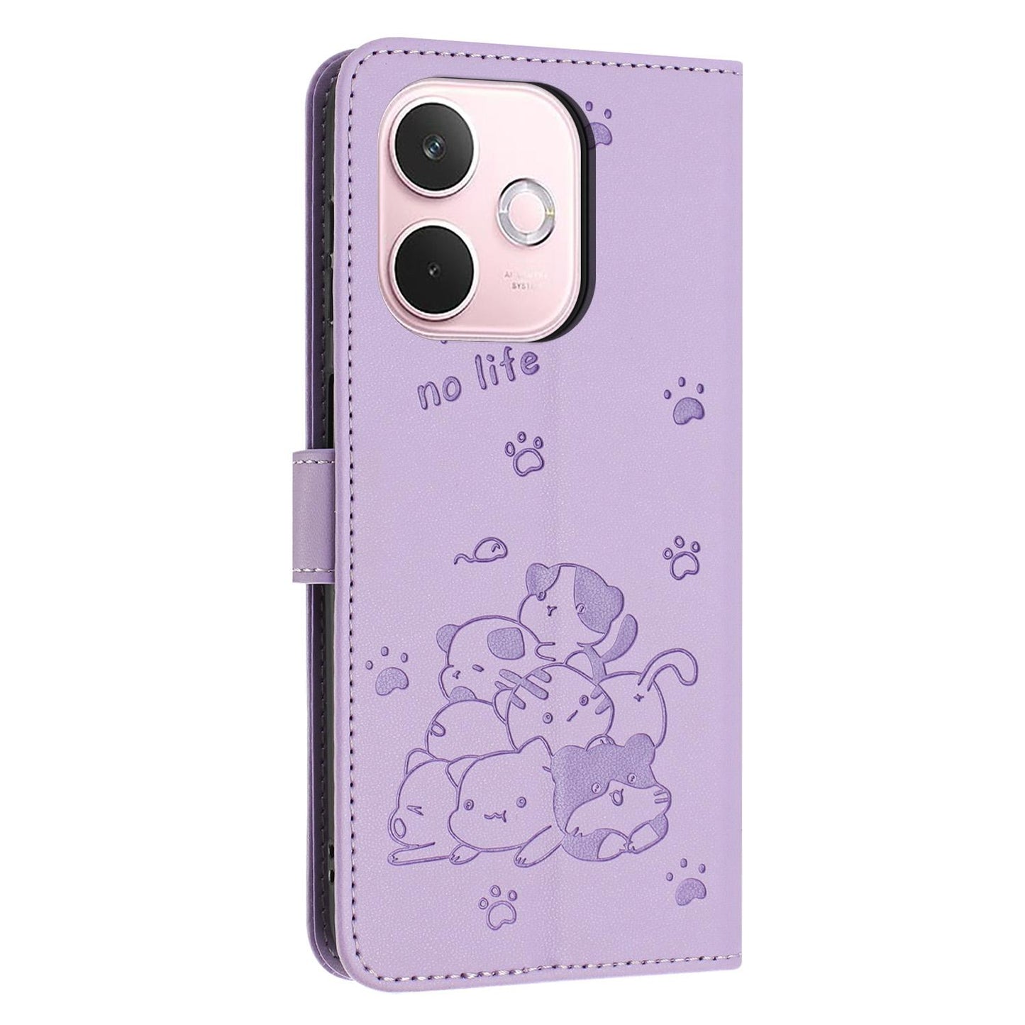 OPPO A5 Pro 5G Embossed Kitten PU Leather Wallet Case with Card Slots, Cash Pocket, Kickstand Function, Wrist Lanyard Strap, Full Protective TPU Flip Cover