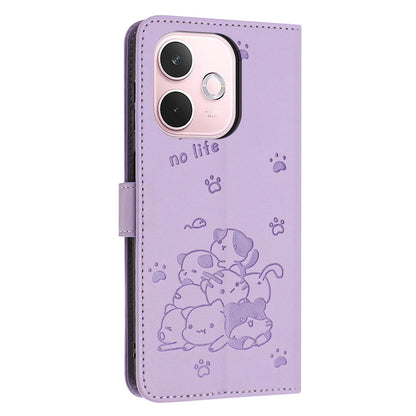 OPPO A5 Pro 5G Embossed Kitten PU Leather Wallet Case with Card Slots, Cash Pocket, Kickstand Function, Wrist Lanyard Strap, Full Protective TPU Flip Cover