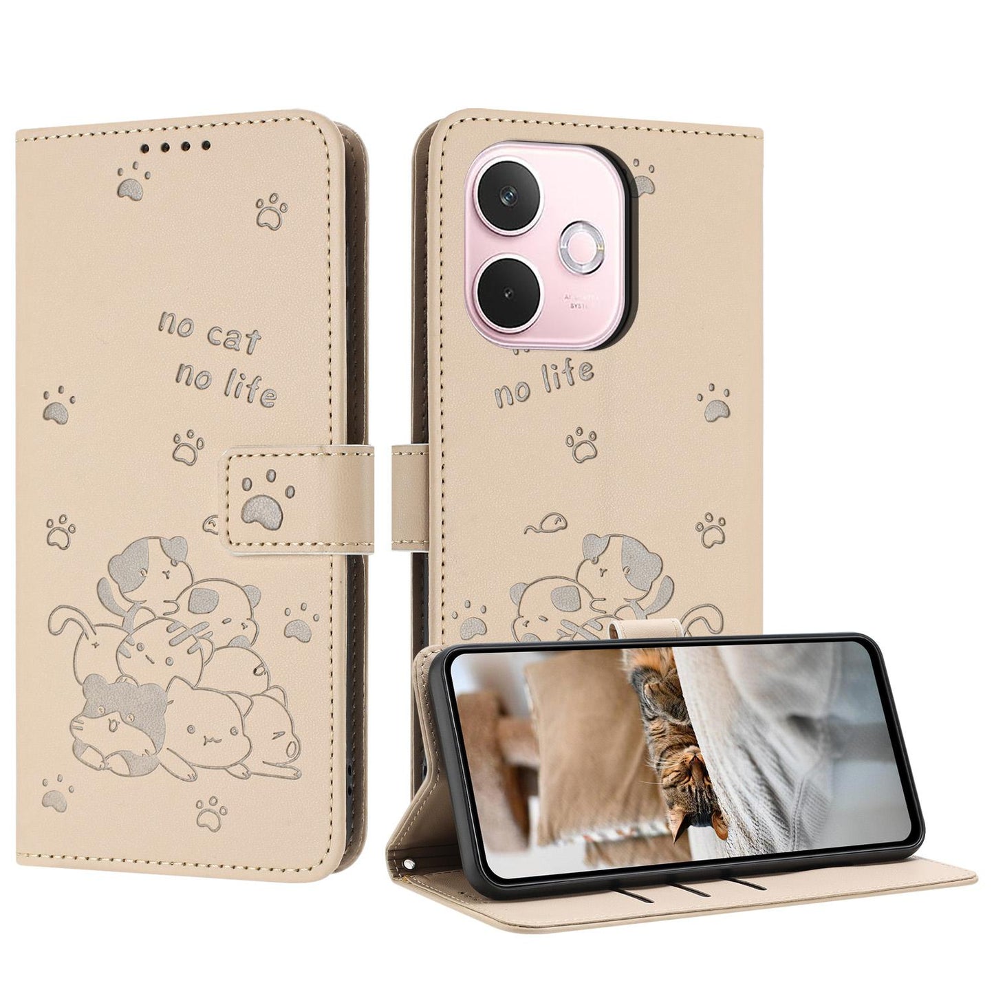 OPPO A5 Pro 5G Embossed Kitten PU Leather Wallet Case with Card Slots, Cash Pocket, Kickstand Function, Wrist Lanyard Strap, Full Protective TPU Flip Cover