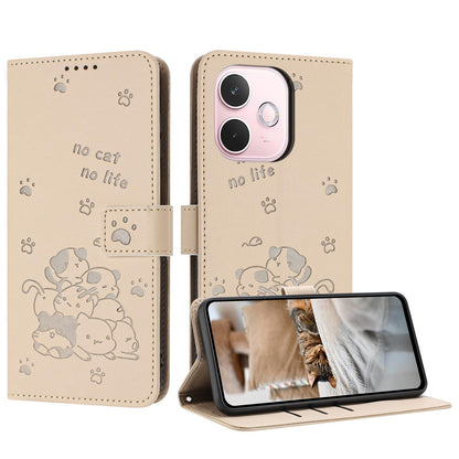 OPPO A5 Pro 5G Embossed Kitten PU Leather Wallet Case with Card Slots, Cash Pocket, Kickstand Function, Wrist Lanyard Strap, Full Protective TPU Flip Cover
