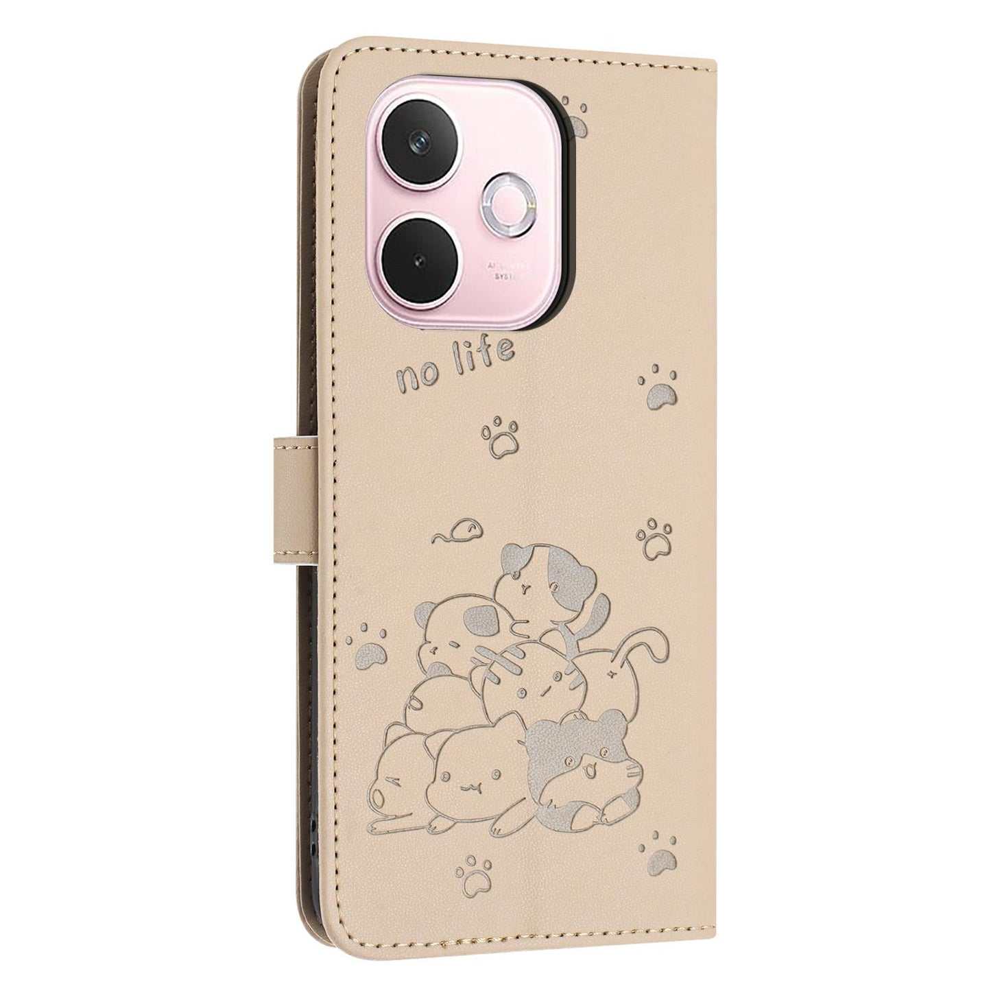 OPPO A5 Pro 5G Embossed Kitten PU Leather Wallet Case with Card Slots, Cash Pocket, Kickstand Function, Wrist Lanyard Strap, Full Protective TPU Flip Cover