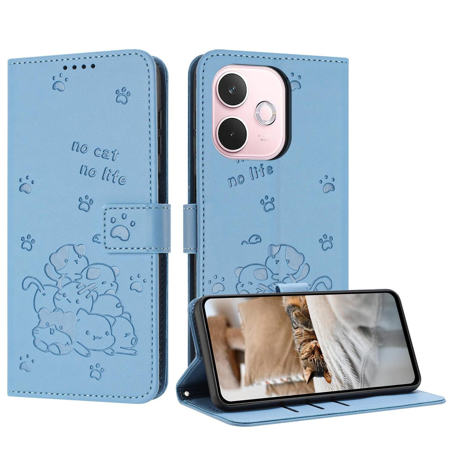 OPPO A5 Pro 5G Embossed Kitten PU Leather Wallet Case with Card Slots, Cash Pocket, Kickstand Function, Wrist Lanyard Strap, Full Protective TPU Flip Cover