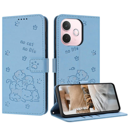 OPPO A5 Pro 5G Embossed Kitten PU Leather Wallet Case with Card Slots, Cash Pocket, Kickstand Function, Wrist Lanyard Strap, Full Protective TPU Flip Cover