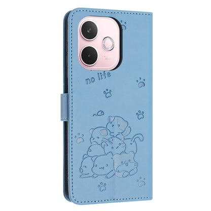 OPPO A5 Pro 5G Embossed Kitten PU Leather Wallet Case with Card Slots, Cash Pocket, Kickstand Function, Wrist Lanyard Strap, Full Protective TPU Flip Cover