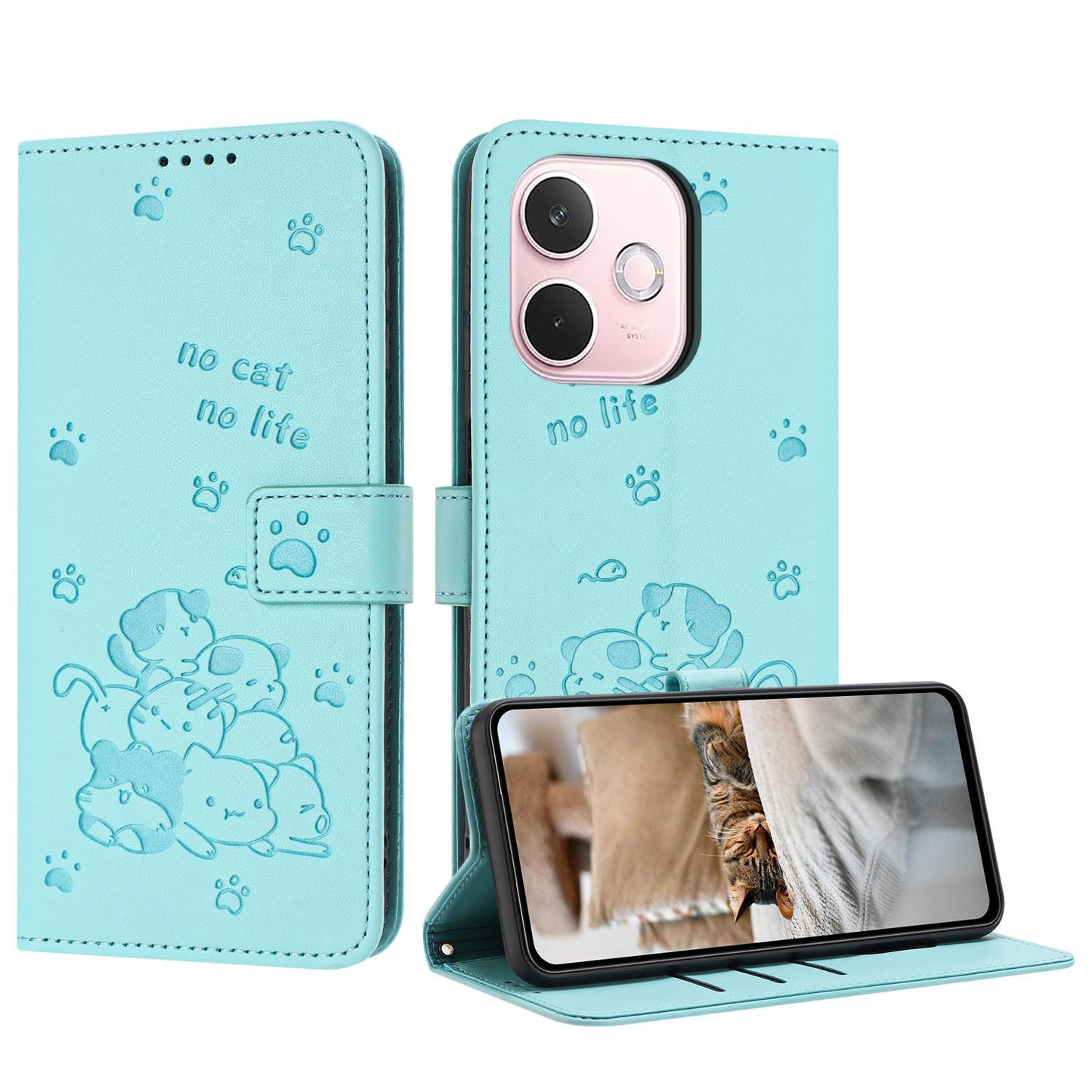 OPPO A5 Pro 5G Embossed Kitten PU Leather Wallet Case with Card Slots, Cash Pocket, Kickstand Function, Wrist Lanyard Strap, Full Protective TPU Flip Cover