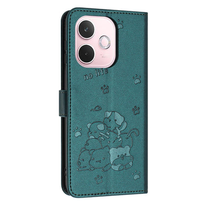 OPPO A5 Pro 5G Embossed Kitten PU Leather Wallet Case with Card Slots, Cash Pocket, Kickstand Function, Wrist Lanyard Strap, Full Protective TPU Flip Cover