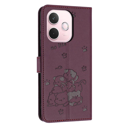 OPPO A5 Pro 5G Embossed Kitten PU Leather Wallet Case with Card Slots, Cash Pocket, Kickstand Function, Wrist Lanyard Strap, Full Protective TPU Flip Cover