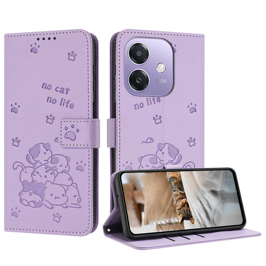 OPPO A5x 5G Embossed Kitten PU Leather Wallet Case with Card Slots, Cash Pocket, Kickstand Function, Wrist Lanyard Strap, Full Protective TPU Flip Cover