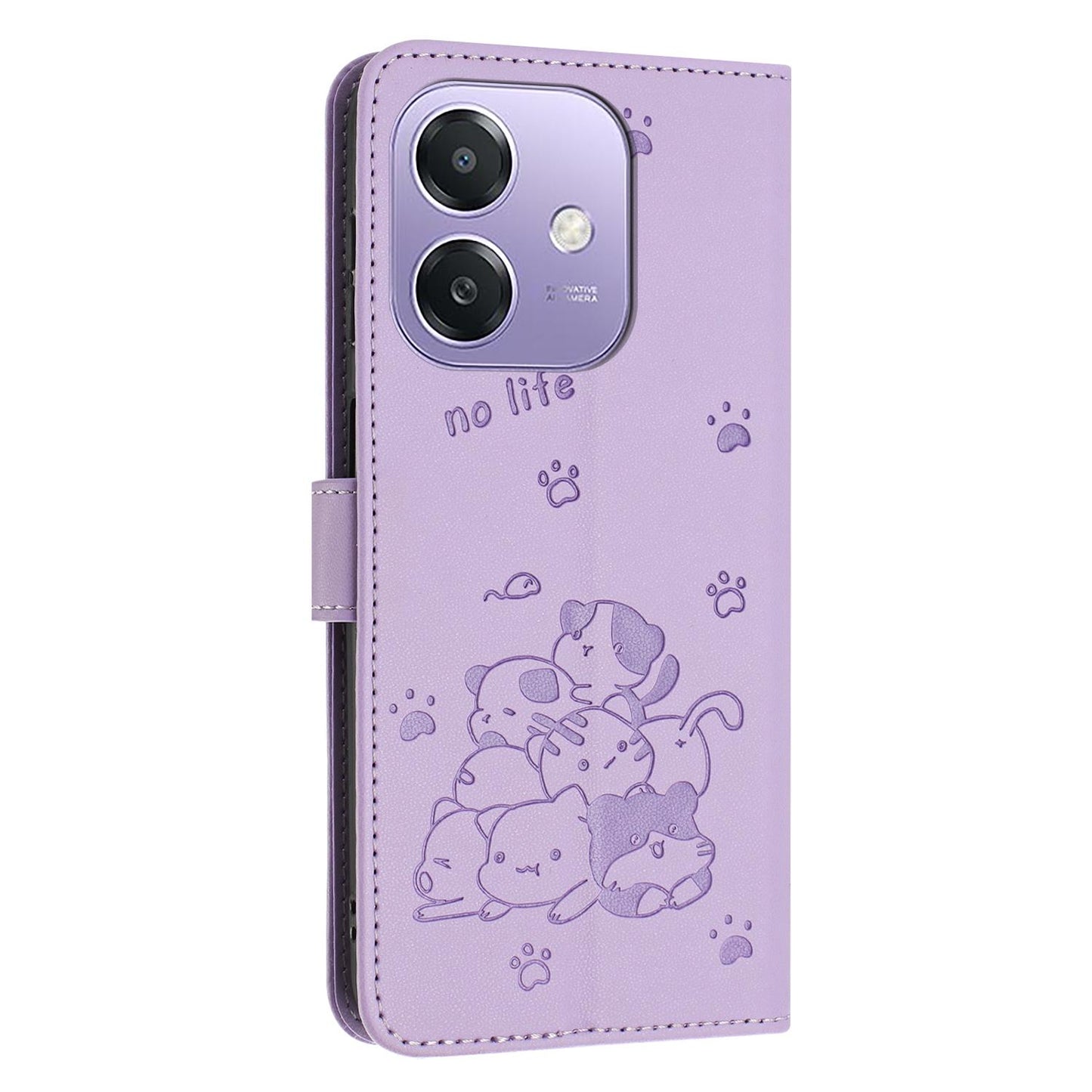 OPPO A5x 5G Embossed Kitten PU Leather Wallet Case with Card Slots, Cash Pocket, Kickstand Function, Wrist Lanyard Strap, Full Protective TPU Flip Cover