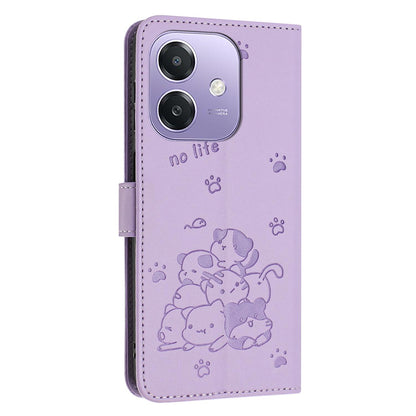 OPPO A5x 5G Embossed Kitten PU Leather Wallet Case with Card Slots, Cash Pocket, Kickstand Function, Wrist Lanyard Strap, Full Protective TPU Flip Cover