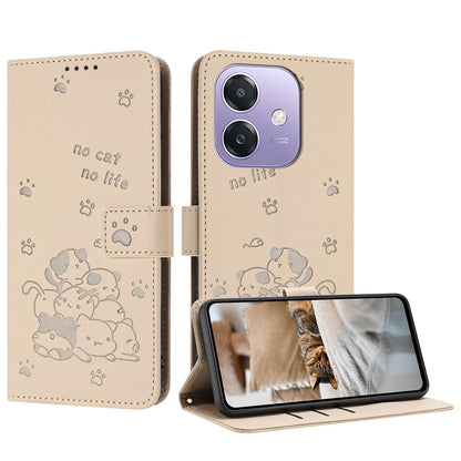 OPPO A5x 5G Embossed Kitten PU Leather Wallet Case with Card Slots, Cash Pocket, Kickstand Function, Wrist Lanyard Strap, Full Protective TPU Flip Cover