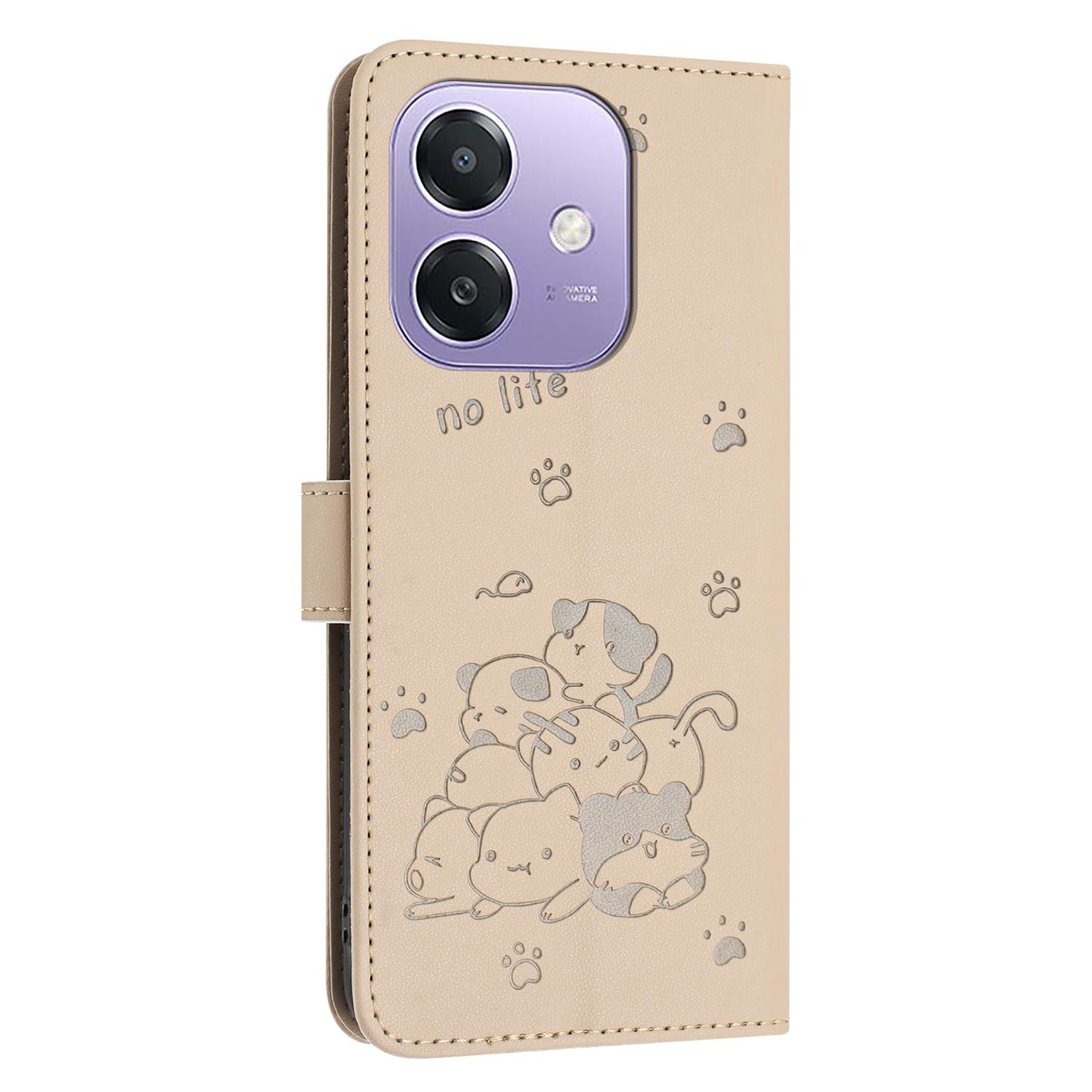 OPPO A5x 5G Embossed Kitten PU Leather Wallet Case with Card Slots, Cash Pocket, Kickstand Function, Wrist Lanyard Strap, Full Protective TPU Flip Cover