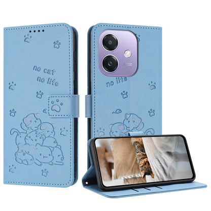 OPPO A5x 5G Embossed Kitten PU Leather Wallet Case with Card Slots, Cash Pocket, Kickstand Function, Wrist Lanyard Strap, Full Protective TPU Flip Cover
