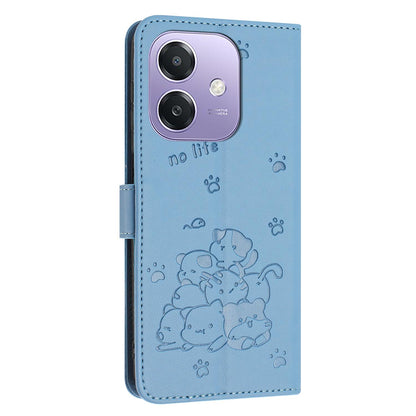 OPPO A5x 5G Embossed Kitten PU Leather Wallet Case with Card Slots, Cash Pocket, Kickstand Function, Wrist Lanyard Strap, Full Protective TPU Flip Cover