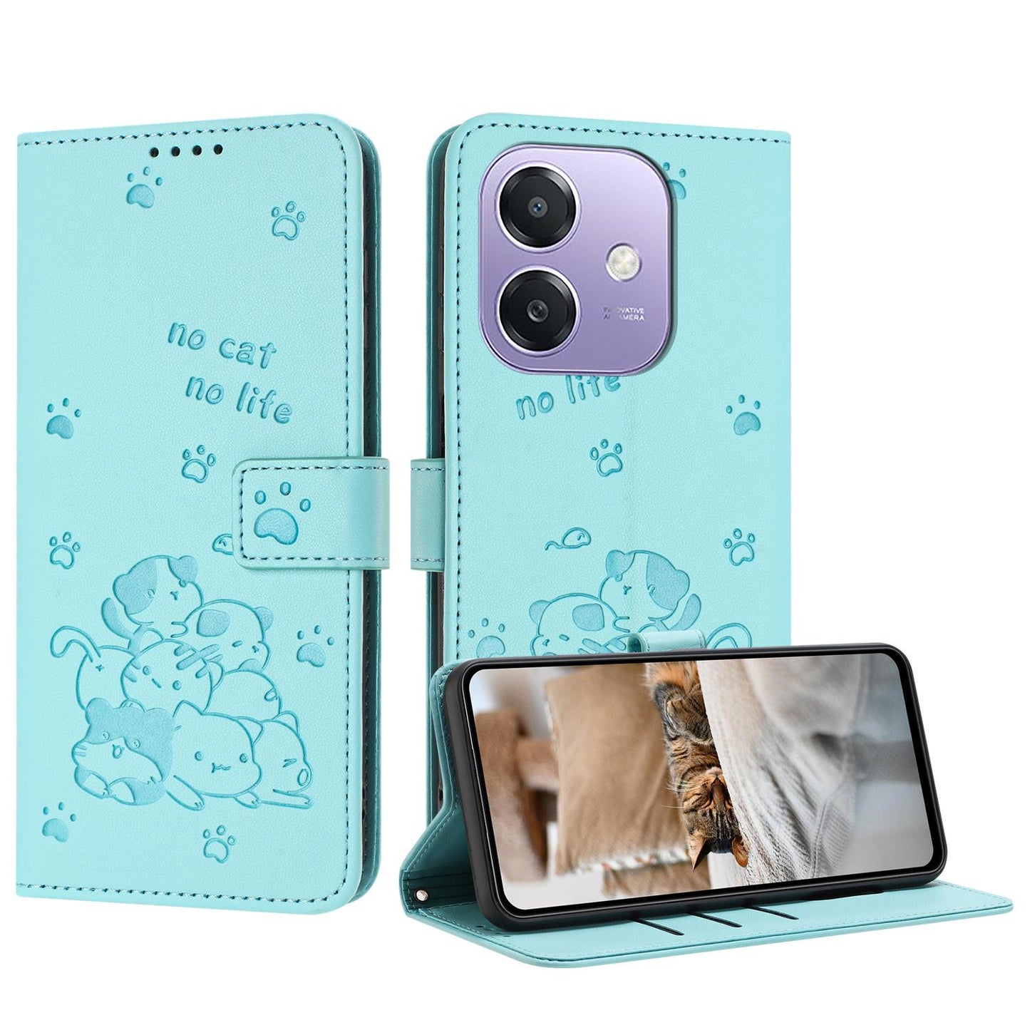 OPPO A5x 5G Embossed Kitten PU Leather Wallet Case with Card Slots, Cash Pocket, Kickstand Function, Wrist Lanyard Strap, Full Protective TPU Flip Cover