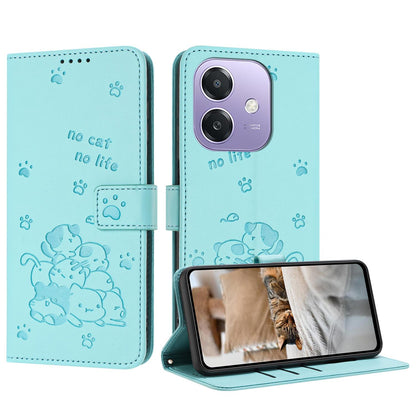 OPPO A5x 5G Embossed Kitten PU Leather Wallet Case with Card Slots, Cash Pocket, Kickstand Function, Wrist Lanyard Strap, Full Protective TPU Flip Cover