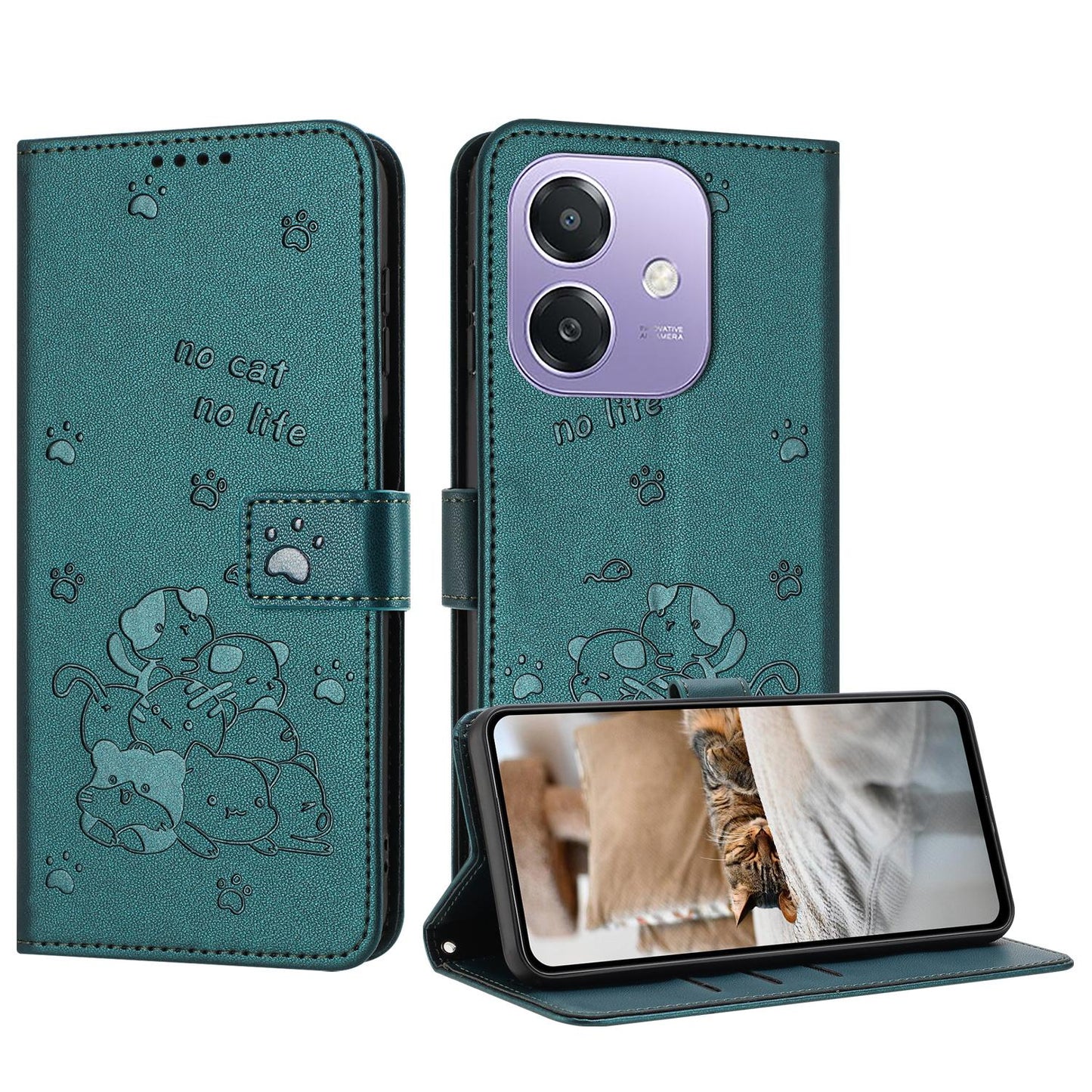 OPPO A5x 5G Embossed Kitten PU Leather Wallet Case with Card Slots, Cash Pocket, Kickstand Function, Wrist Lanyard Strap, Full Protective TPU Flip Cover