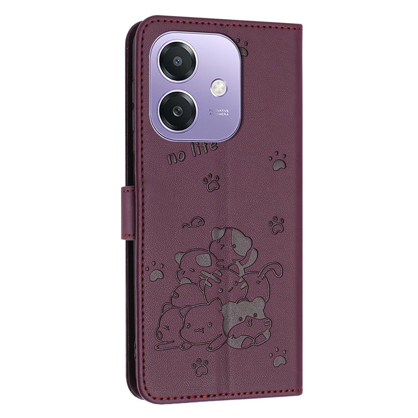 OPPO A5x 5G Embossed Kitten PU Leather Wallet Case with Card Slots, Cash Pocket, Kickstand Function, Wrist Lanyard Strap, Full Protective TPU Flip Cover
