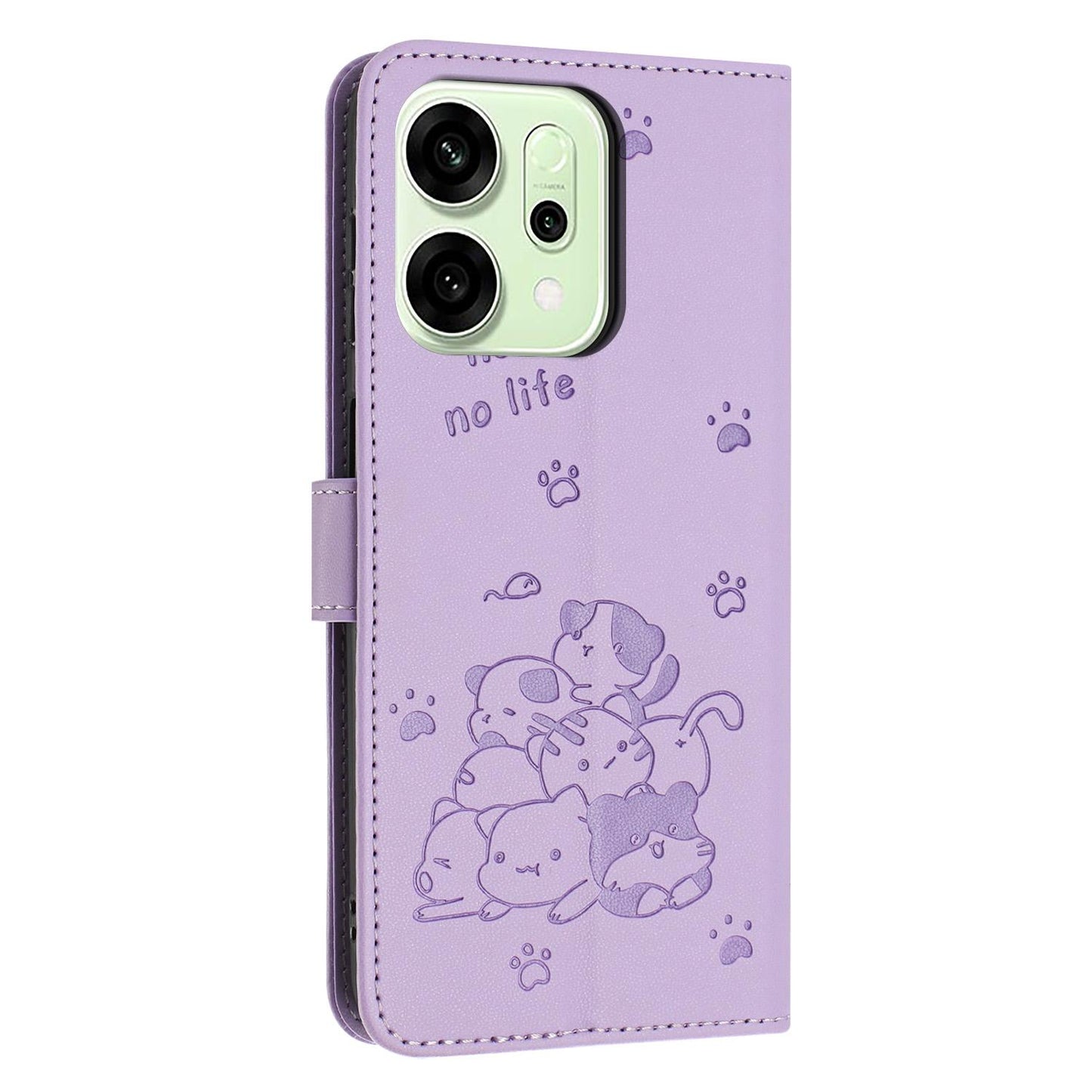 OPPO Reno14 Pro 5G Embossed Kitten PU Leather Wallet Case with Card Slots, Cash Pocket, Kickstand Function, Wrist Lanyard Strap, Full Protective TPU Flip Cover