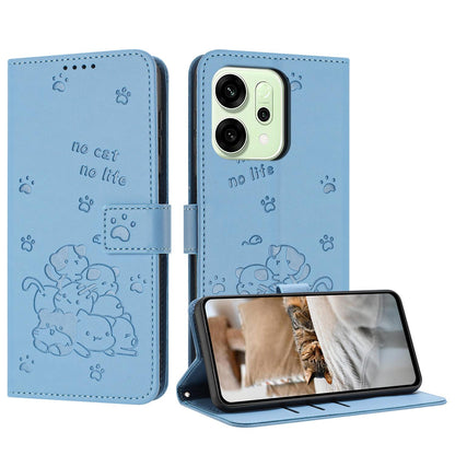 OPPO Reno14 Pro 5G Embossed Kitten PU Leather Wallet Case with Card Slots, Cash Pocket, Kickstand Function, Wrist Lanyard Strap, Full Protective TPU Flip Cover