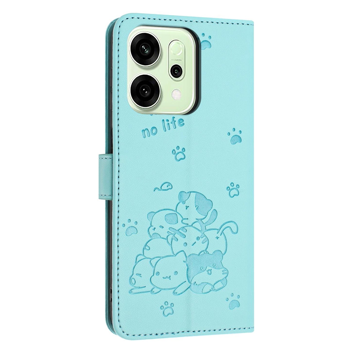 OPPO Reno14 Pro 5G Embossed Kitten PU Leather Wallet Case with Card Slots, Cash Pocket, Kickstand Function, Wrist Lanyard Strap, Full Protective TPU Flip Cover