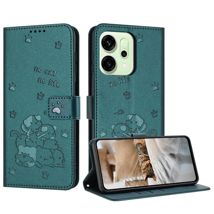 OPPO Reno14 Pro 5G Embossed Kitten PU Leather Wallet Case with Card Slots, Cash Pocket, Kickstand Function, Wrist Lanyard Strap, Full Protective TPU Flip Cover